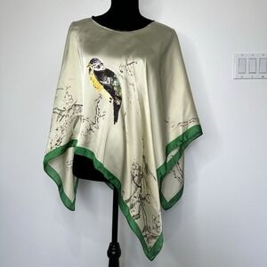 Satin Bird Print Shawl Silky Cream Green Flowy Spring Nature